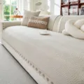 Beige chenille textured sofa cover with elegant lace trim, universal four seasons anti-slip couch cushion. - 70*70cm / Off White