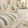 Französischer Chenille Sofabezug mit Blattmuster Quasten Wohnzimmer Schonbezug Matte - 70*70cm / Kornwelle - Grün