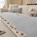 Grey textured sofa cover with pom pom fringe, French style simple universal non slip couch mat - 70*70cm / Light Gray