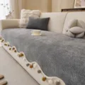 Grey textured sofa cover with pom pom tassel fringe, chic wavy edge furniture protector. - 70*70cm / Dark Gray