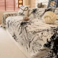 Black and white floral plush sofa cover, cozy modern cream style slipcover blanket for living room. - Sunflower Style (Taiyanghua Shumianrong) / 180x130cm / Black