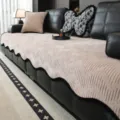 Beige ribbed sofa cover with black scalloped edge, modern living room slipcover variant. - 70*70cm / Khaki