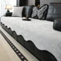 Light grey textured sofa cover slipcover with elegant black scalloped edge trim for living room - 70*70cm / Light Gray