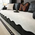 Luxury modern sofa cover with elegant scalloped black edge and textured ribbed fabric. - 70*70cm / White