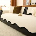 Cream chenille sofa cover cushion with black wavy edge, stylish living room furniture decor. - Sofa Cushion / 70*70cm / White