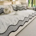 Chenille sofa cover with fresh leaf print and wavy border, universal four-season anti-slip design. - Gray / 70*70cm