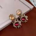 Vintage baroque style ornate rhinestone drop earrings detail view, antique gold metal finish. - Silver Post Earrings (2#) / Gold-Purple