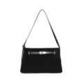 Black suede shoulder bag for women, stylish commuting handbag with metal lock closure. - Black