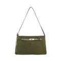 Olive green suede shoulder bag for women, elegant commuter handbag with chic turn-lock. - Green