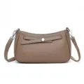 Stylish taupe leather crossbody bag with silver hardware and chic front strap detail for women. - Elephant Gray