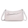 Minimalist stylish leather crossbody shoulder bag in light grey with elegant bow accessory. - Light Gray