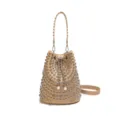 Chic litchi pattern rivet bucket bag with sparkling rhinestones, retro shoulder handbag. - Khaki