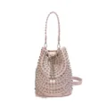 Pink rhinestone studded leather bucket bag, punk style shoulder bag with pearl drawstring. - Pink