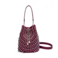 Purple rhinestone studded bucket bag, leather shoulder bag, trendy punk style handbag. - Rose Red