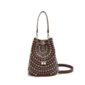 Brown rhinestone studded bucket bag with chain drawstring and leather strap for women - Coffee