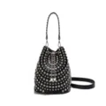 Stylish black studded bucket bag with rhinestones, pearls and shoulder strap for women. - Black