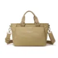 Beige nylon shoulder bag, casual crossbody bag with multiple pockets and top handles. - Caramel color