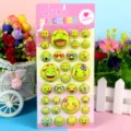 Close-up detail of colorful laser puffy stickers featuring various cute smiley face emoji designs. - Smiley B