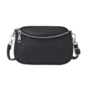 Black leather crossbody bag for women, mini shoulder bag with double zippers and metal hardware. - Black