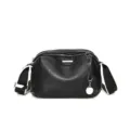 Black leather crossbody bag for women, stylish wide strap shoulder bag with top-layer cowhide. - Black