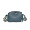 Dark blue genuine leather crossbody bag with wide shoulder strap and stylish metal decoration. - Blue