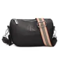 Borsa a tracolla in pelle nera da donna, elegante borsa con ampia tracolla a righe. - Nero