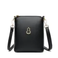 Black leather mini crossbody phone bag with gold hulu charm and detachable strap. - Black
