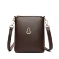 Stylish brown leather mini cross-body phone bag with chic gold gourd hardware accent. - Coffee