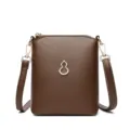 Brown leather mini crossbody phone bag with gold-tone hardware and cute gourd metal pendant. - Brown