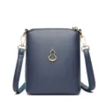 Dark blue leather mini mobile phone crossbody bag with gold gourd pendant and shoulder strap. - Blue
