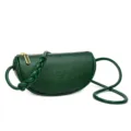 Green genuine leather women crossbody bag, stylish halfmoon shoulder bag with braided strap. - Green