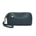 Dark grey genuine leather wristlet purse, compact cell phone bag for women with zipper. - Blue