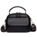 Minimalist leather shoulder bag for women, trendy multi-layer handbag with crossbody strap. - Black