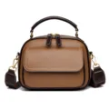 Brown leather shoulder bag for women, stylish minimalist multi-layer crossbody handbag with top handle. - Khaki