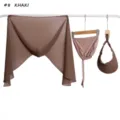 Dettaglio set hijab kaki 3 pezzi con foulard in chiffon, cuffia e visiera. Morbido. - 180cm / Kaki