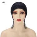 Beaded mesh turban cap with tassel fringe, elastic headwrap for women daily use. - 2#