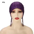 Close-up detail of the purple sequined mesh beaded cap with long hanging tassels. - 6#
