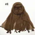 Detailed view of the soft brown voile scarf with delicate tassels, showcasing the breathable texture. - Dark Brown