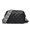 Black quilted leather crossbody bag with chic wide geometric strap for women daily casual wear. - Black