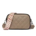Quilted leather crossbody camera bag with wide patterned strap, stylish winter shoulder bag. - Khaki