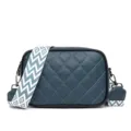 Dark blue quilted leather crossbody bag with wide geometric strap, trendy casual shoulder bag. - Blue