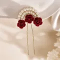 Vintage Chinese Hanfu Hairpin Pearl Velvet Rose Hair Stick Elegant Retro Headwear - Red Velvet Rose (F01-015)