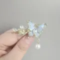 Elegant Chinese vintage butterfly hair clip with blue enamel, rhinestones and pearl pendant. - Blue Butterfly Artificial Pearl (F01-015)