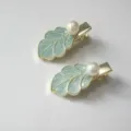 Golden leaf duckbill hair clip with blue enamel and pearl, elegant vintage Chinese hair accessory. - One Pair of Blue Glazed Leaves (F01-015)