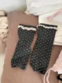 Dark gray stirrup socks with cute floral pattern and lace trim, cozy sweet winter hosiery. - One Size / Dark Gray