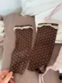 Brown floral stirrup socks with cute lace trim, cozy autumn winter footless tights for daily wear. - One Size / Coffee