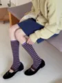 Women retro purple brown striped stirrup socks, stylish autumn winter combed cotton hosiery. - One Size / Purple