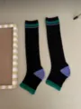 Women vintage striped long socks color blocked combed cotton autumn winter daily wear - One Size / Black