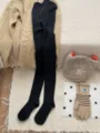 Winter warm black ribbed wool tights for women, stretchy solid color cozy fleece leggings. - Black