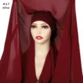 Detailed view of solid color chiffon hijab scarf featuring matched inner cap and magnetic clasp. - #17 Dark Wine / 180cm